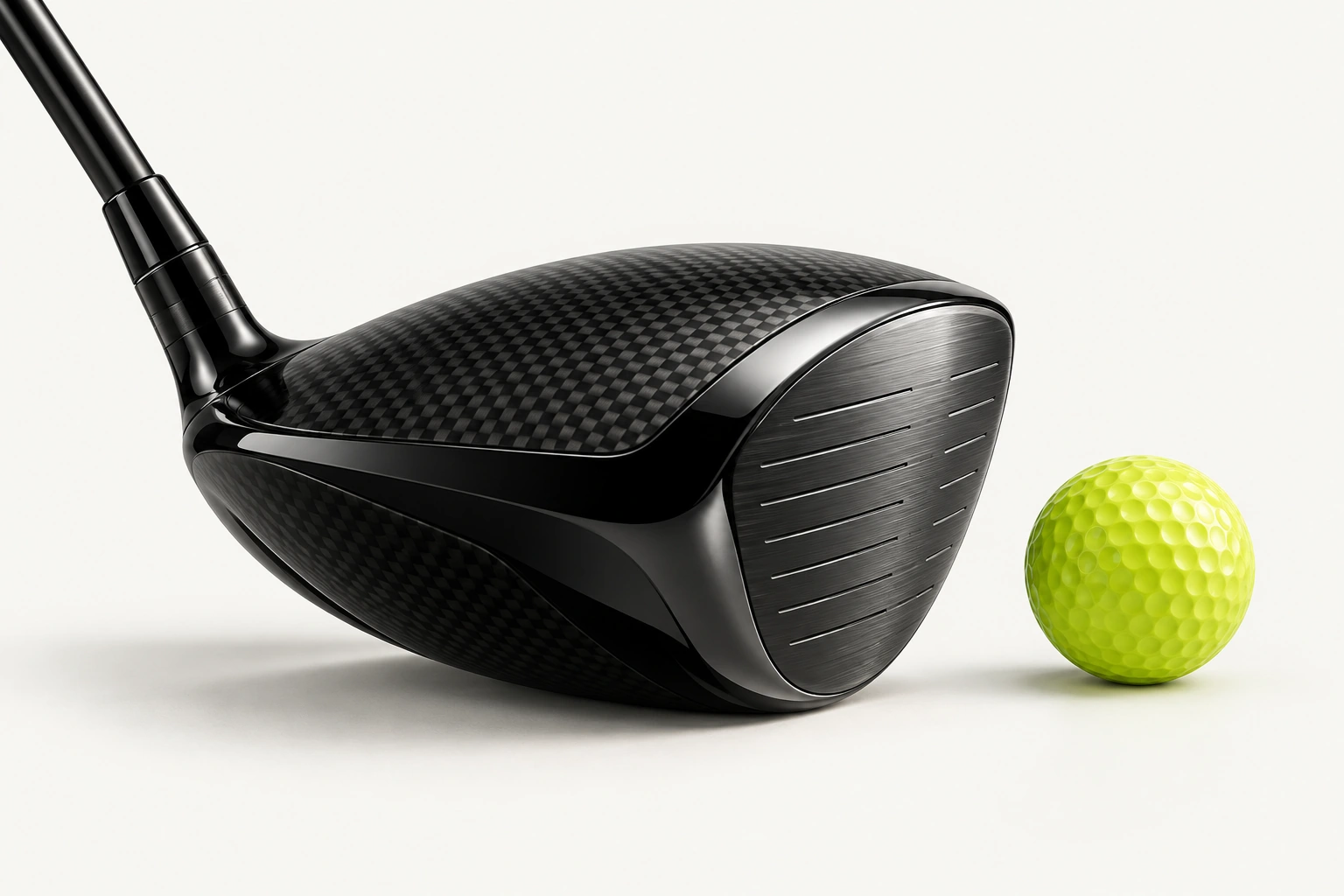 Unbranded black carbon and titanium driver with a chartreuse golf ball